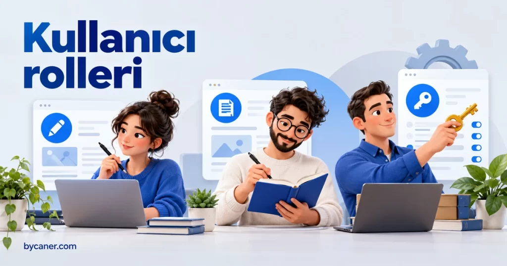 Kalem, defter ve anahtar simgeleriyle ayrılmış üç içerik ekibi rol kartı.