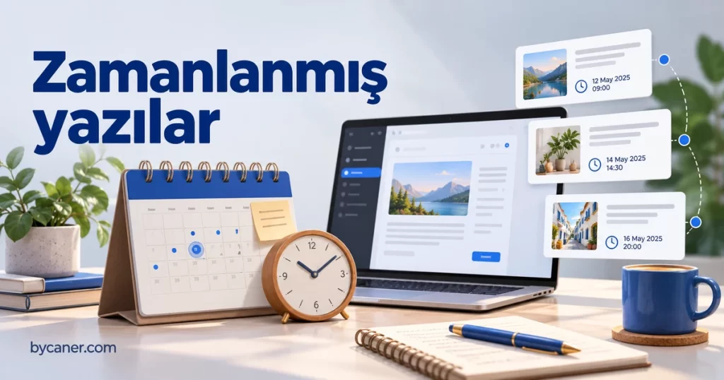 Takvim, saat ve planlanmış yazı kartlarının bulunduğu editör masası.